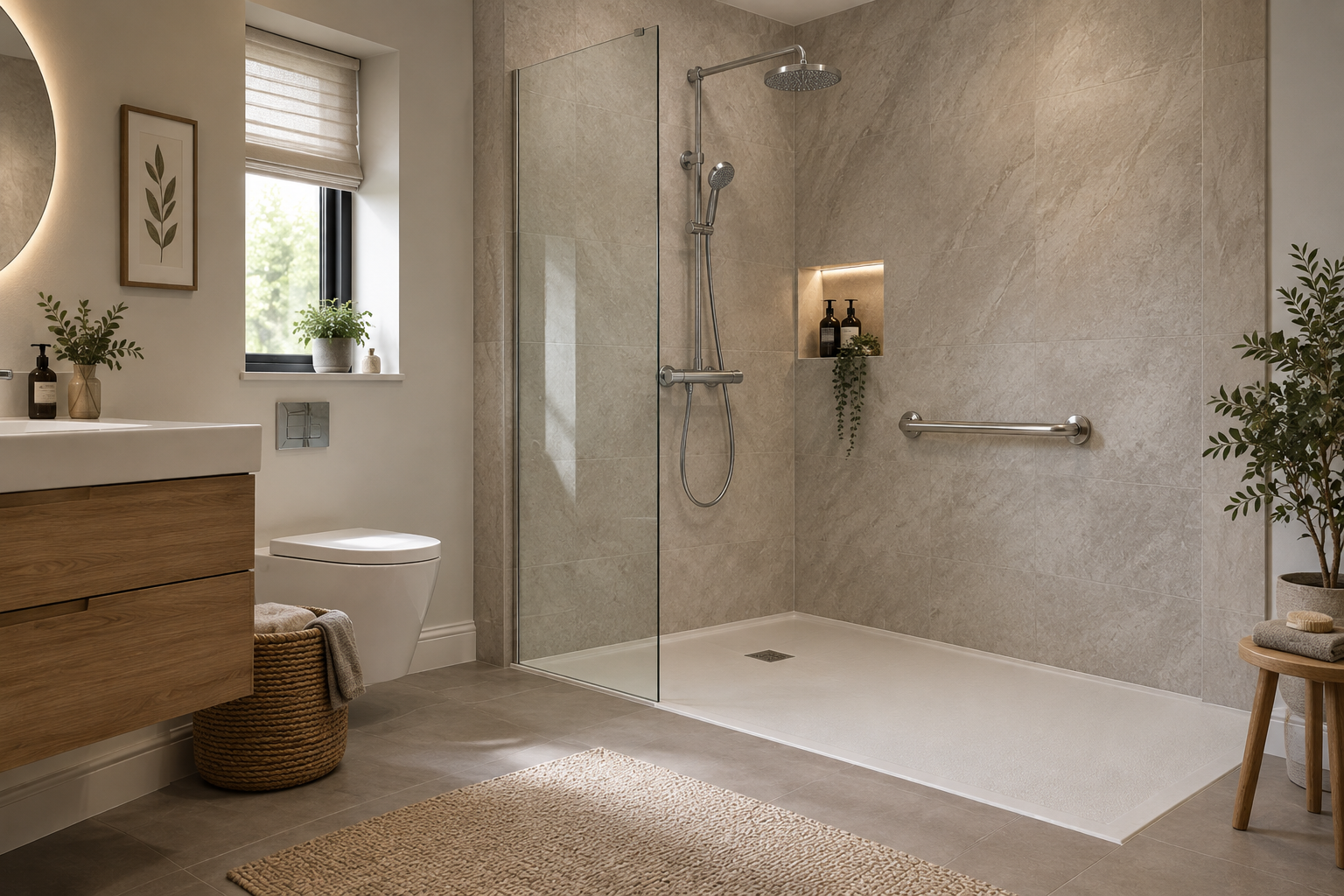 Opulence walk-in shower with a chrome fixed panel and open, door-free entry