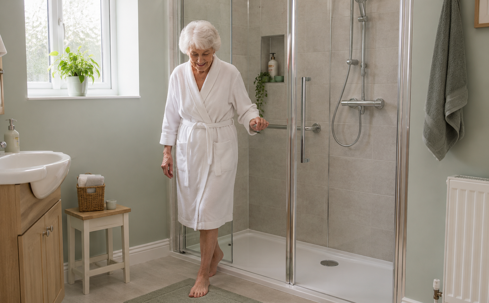 An elderly woman stepping safely out of a walk-in shower while holding a grab rail for support