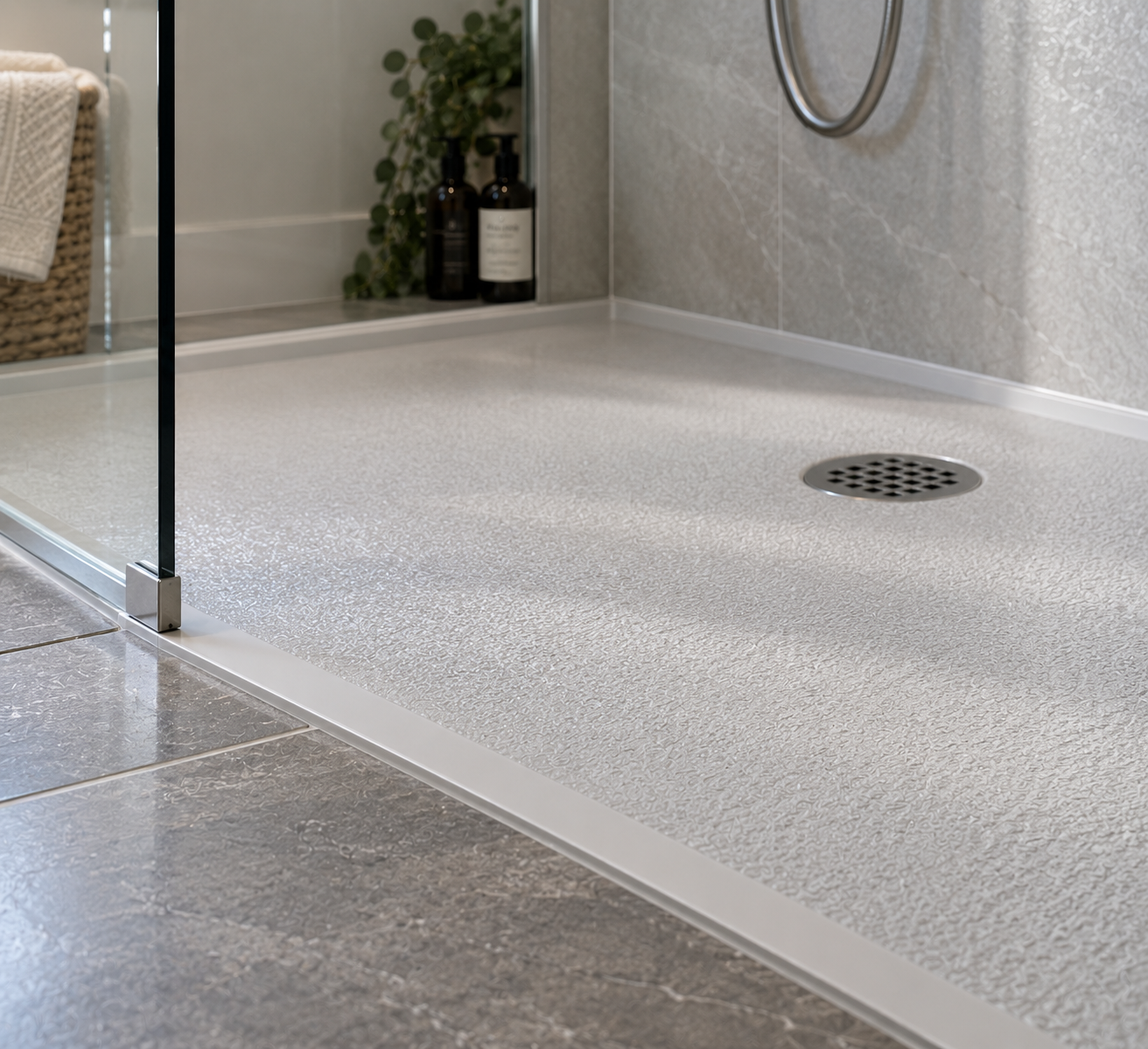A low-level anti-slip white shower tray flush with the bathroom floor