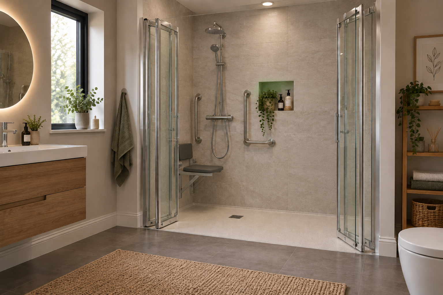 Delight walk-in shower with split-folding doors folded back and a fold-down seat