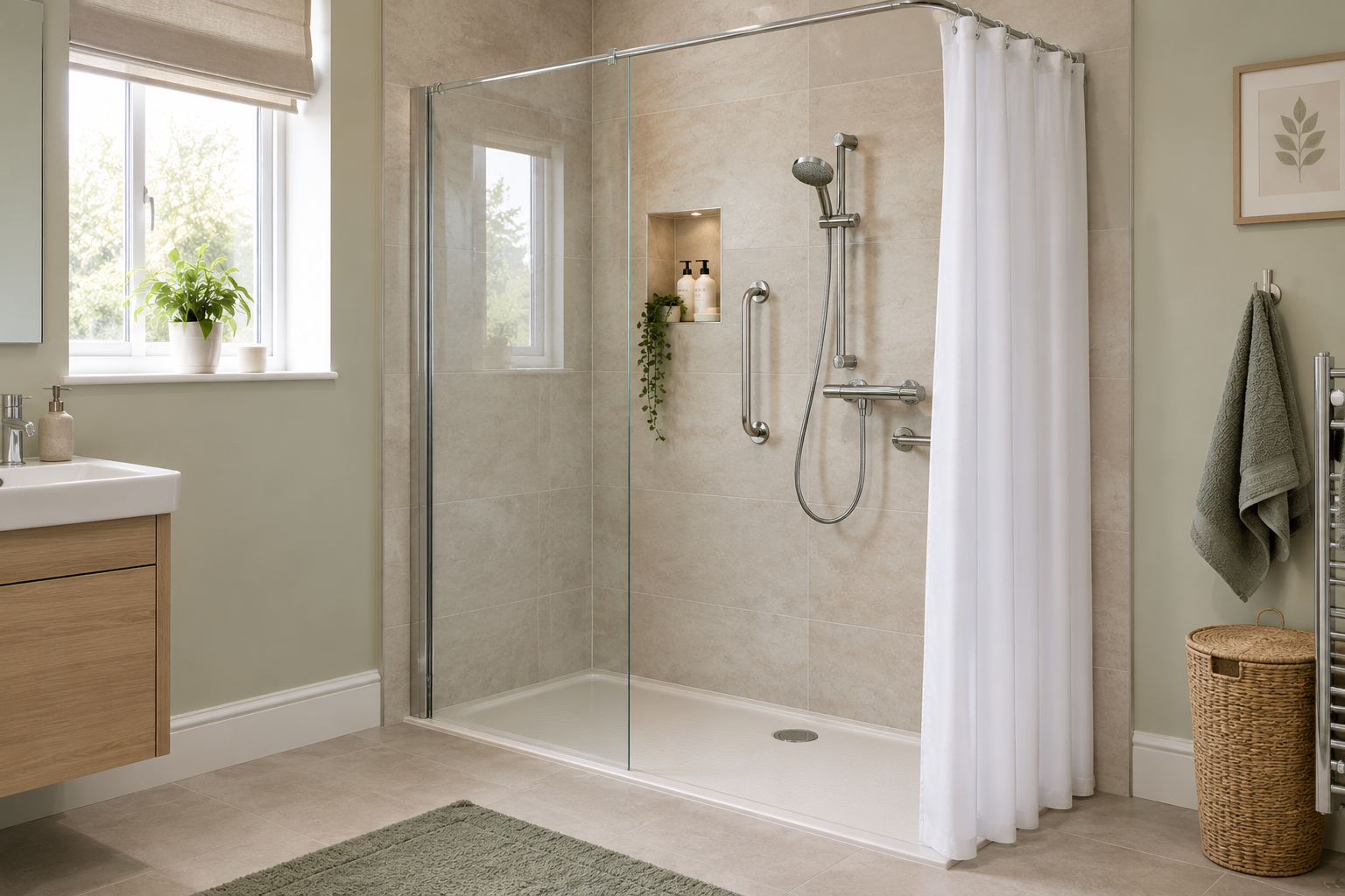 Restore low level access shower with a fixed glass screen and ultra-low slip-resistant tray