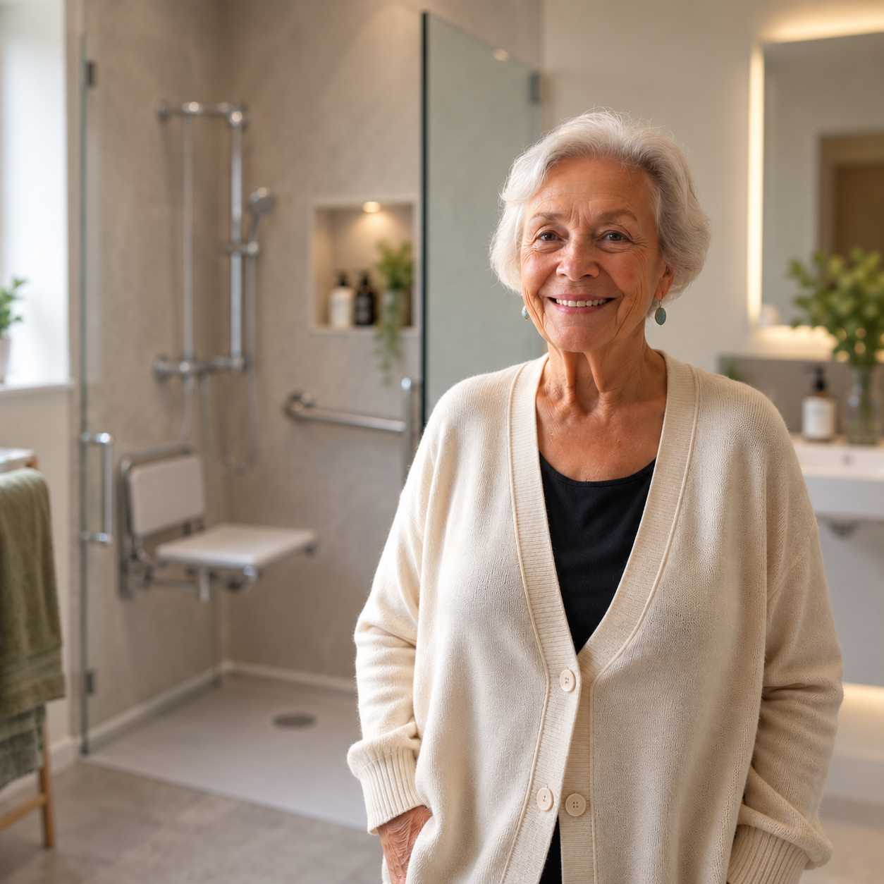 A smiling older woman standing confidently in her accessible walk-in shower with grab rails and a fold-down seat
