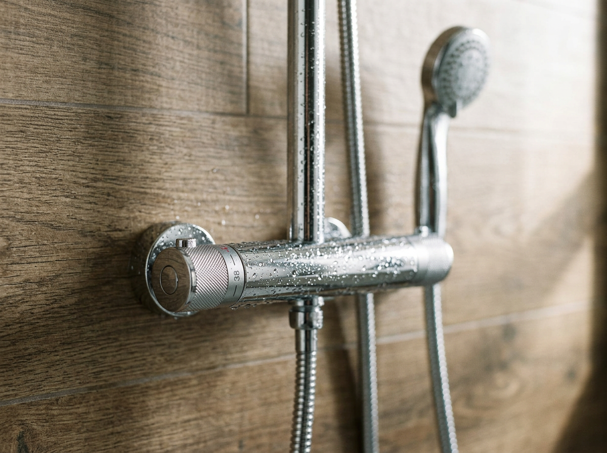 A hand adjusting a chrome thermostatic shower control